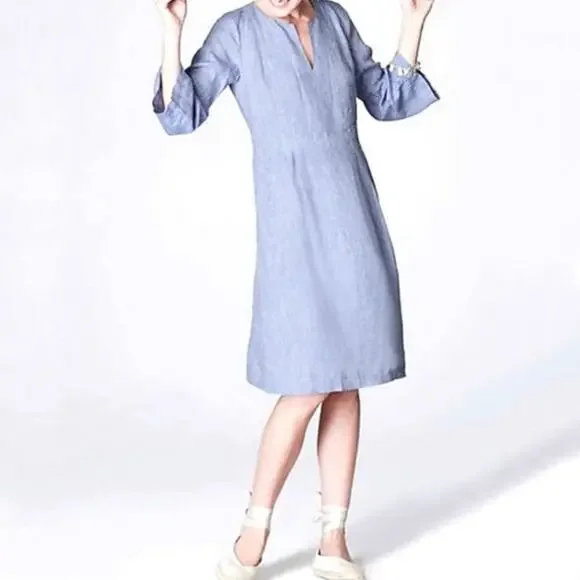 J. Jill | Dresses | J Jill Love Linen Blue Chambray 34 Sleeve V Neck Linen  Dress Size Extra Small | Poshmark